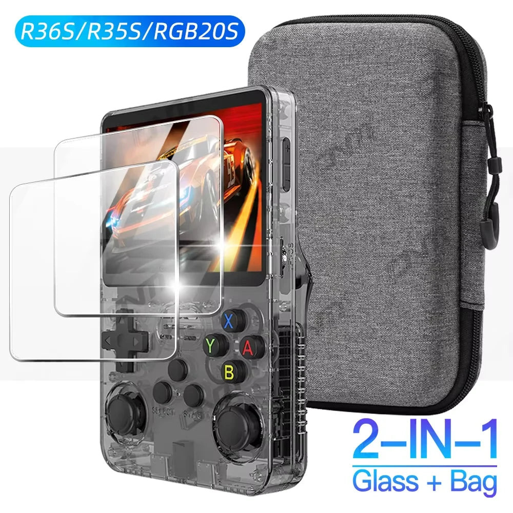 Tempered Glass + EVA Storage Case Set for R36S/R35S | Console Screen Protector & Carry Bag Accessories Kit