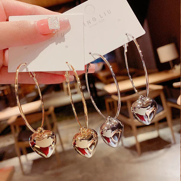 2024 Heart Pendant Hoop Earrings – Fashion Big Circle Drop Earrings for Women (Gold & Silver Variants)