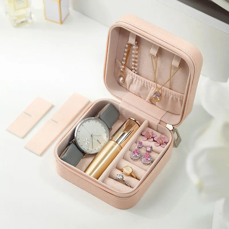 Portable Mini Jewelry Storage Box – Travel Organizer Case for Earrings, Necklaces & Rings | Leather Jewelry Organizer Display (White, Black, Green, Black-Green, Pink)