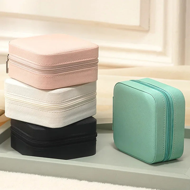 Portable Mini Jewelry Storage Box – Travel Organizer Case for Earrings, Necklaces & Rings | Leather Jewelry Organizer Display (White, Black, Green, Black-Green, Pink)