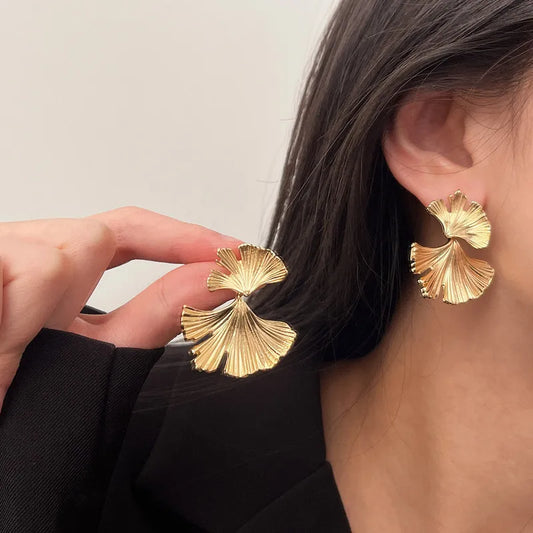 Ginkgo Leaf Statement Earrings – Big Metal Plant Design in Gold or Silver
